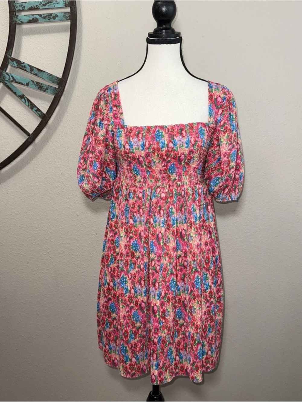 Zara pink Floral Puff Sleeve Square Neck Mini Dress NWOT size small